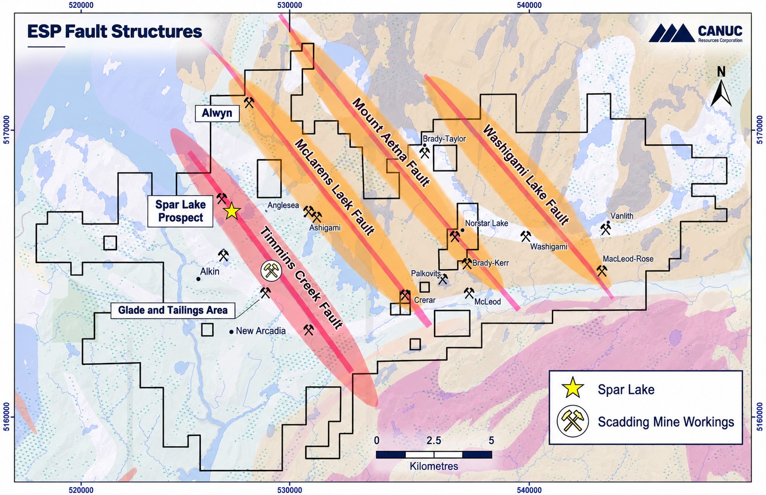 Figure 1 — East Sudbury Project fault structures, with Spar Lake and the Scadding Mine workings